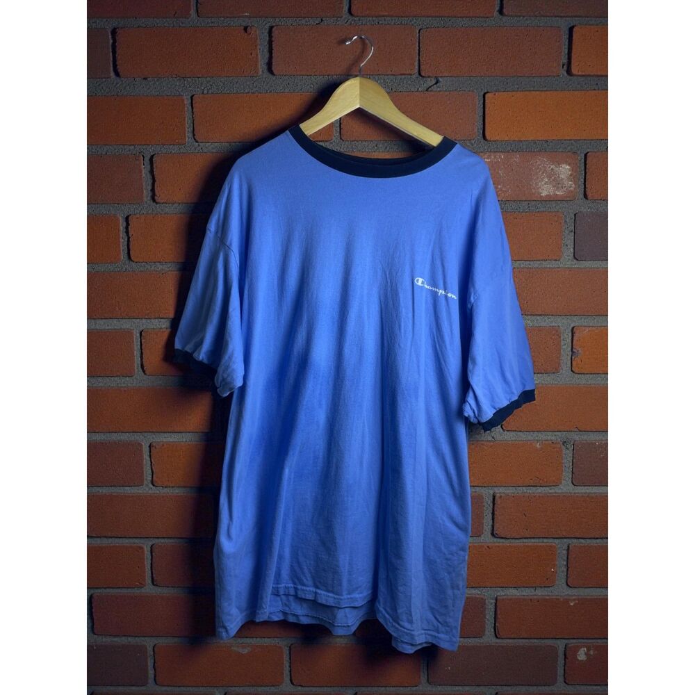 Vintage Champion Ringer Tee – Light Blue/Navy Trim – Made in Mexico – XXL